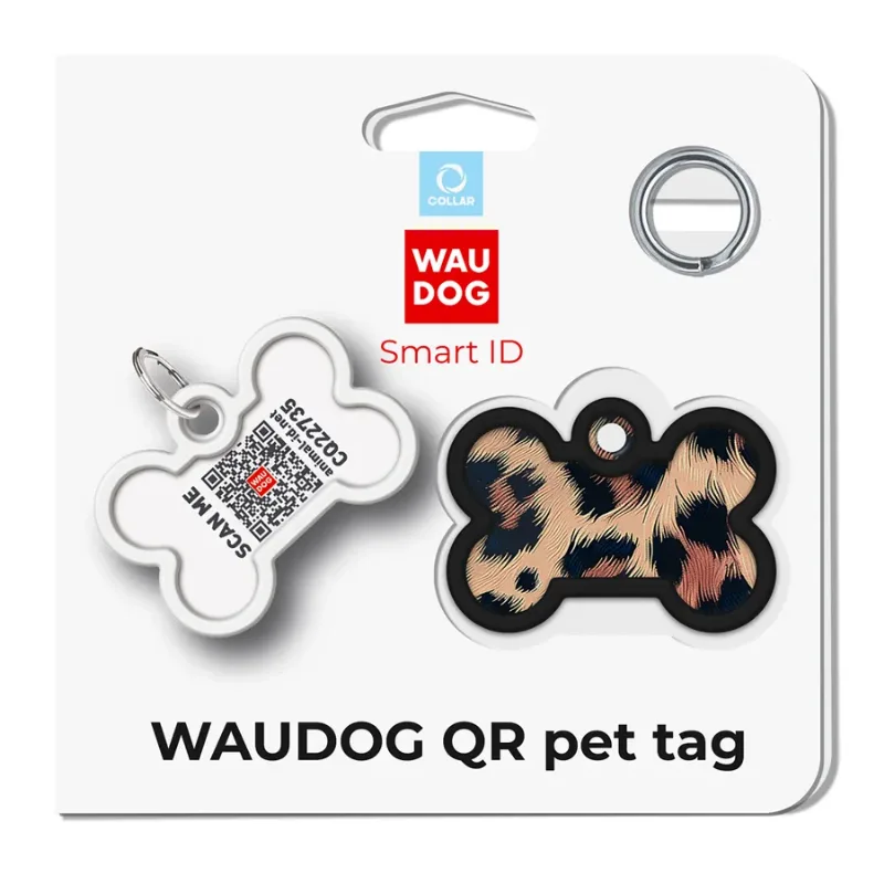 Адресник для собак і котів металевий, кістка «Леопард», M WAUDOG Smart ID Tag Leopard