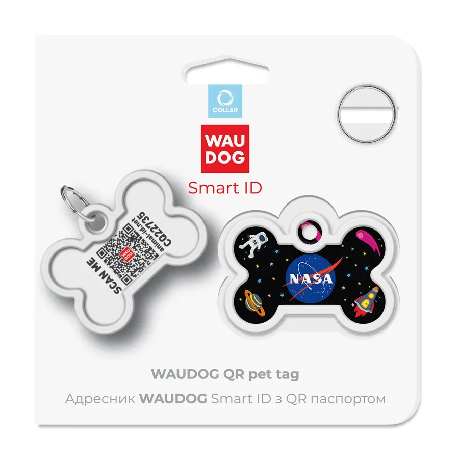 Адресник для собак и котов металлический, кость «NASA», M WAUDOG Smart ID Tag NASA