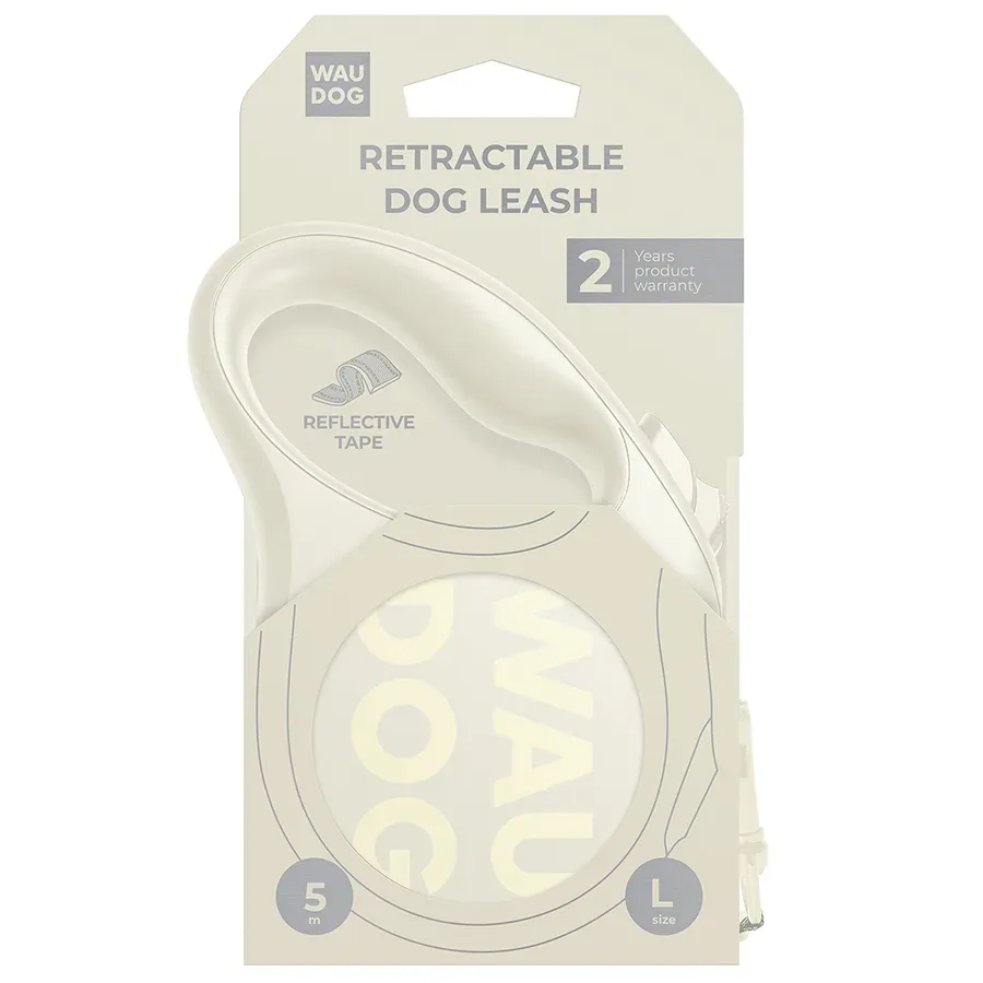 Поводок-рулетка для собак, до 50 кг, 5 м, светоотражающая лента, L, белая WAUDOG R-leash Monochrome White Retractable Leash