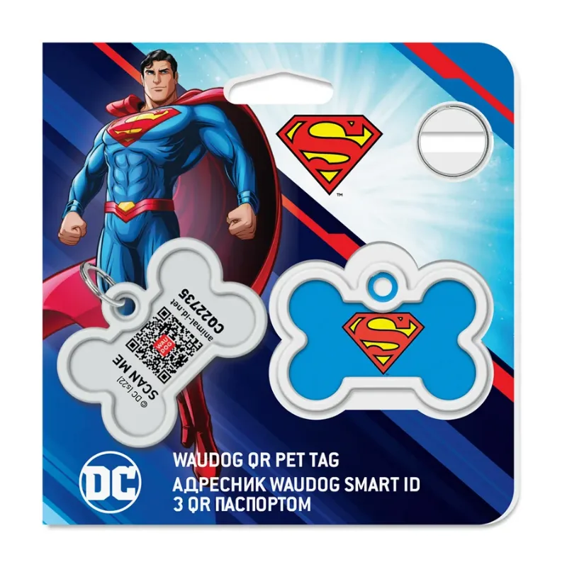 Адресник для собак и котов металлический, кость «Супермен-герой», M WAUDOG Smart ID Tag Superman Hero