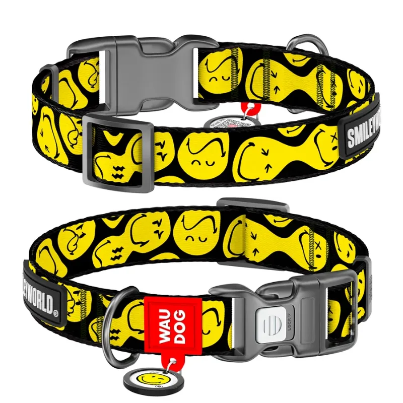 Нашийник для собак нейлоновий «Смайли на чорному», S WAUDOG Nylon Collar Smileys on Black