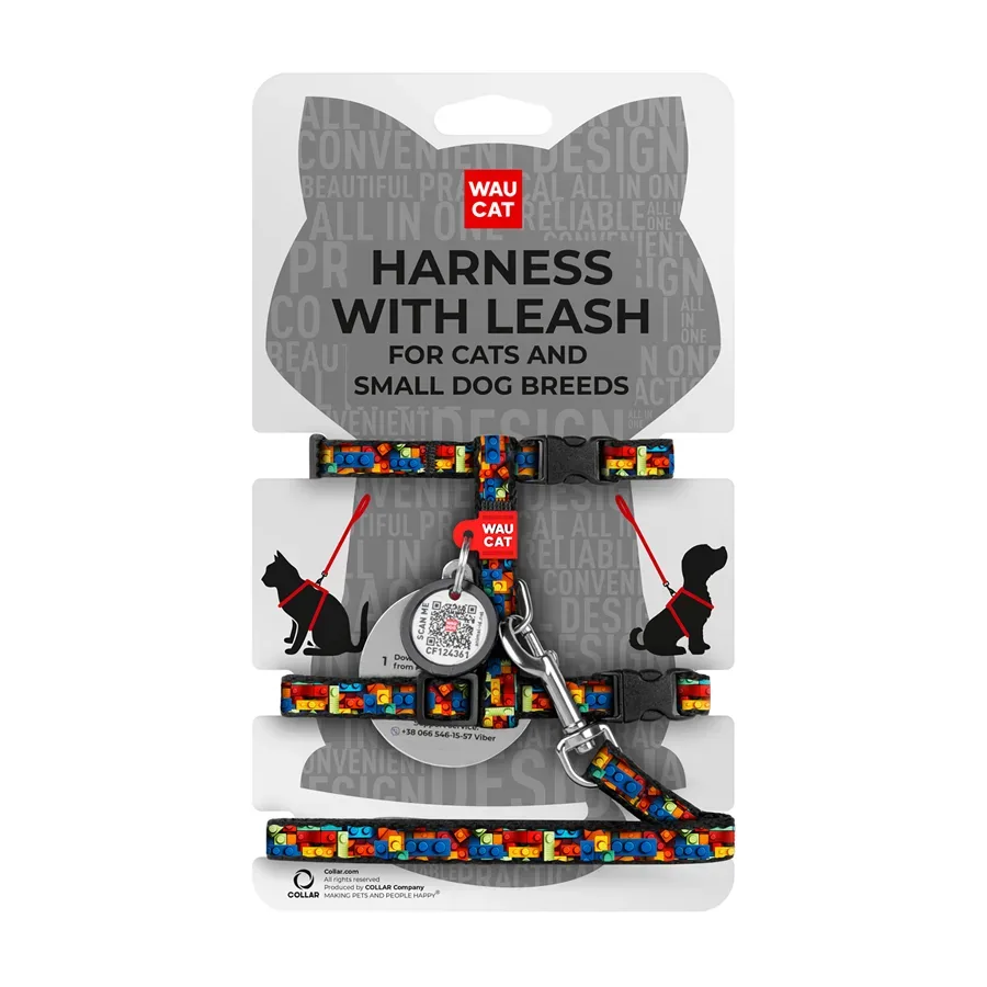 Шлея з повідцем для котів та дрібних порід собак «Блоки», XS WAUCAT Nylon Harness with Leash Blocks