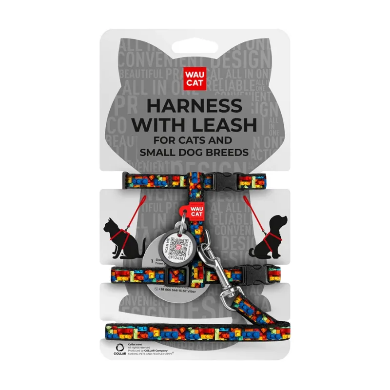 Шлея з повідцем для котів та дрібних порід собак «Блоки», XS WAUCAT Nylon Harness with Leash Blocks