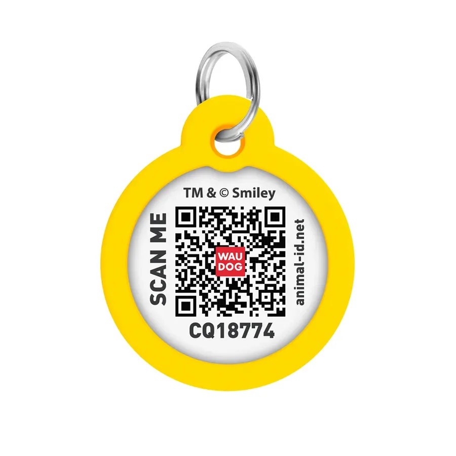 Адресник для собак і котів металевий, коло «Смайли на блакитному», L WAUDOG Smart ID Tag Smileys on Blue