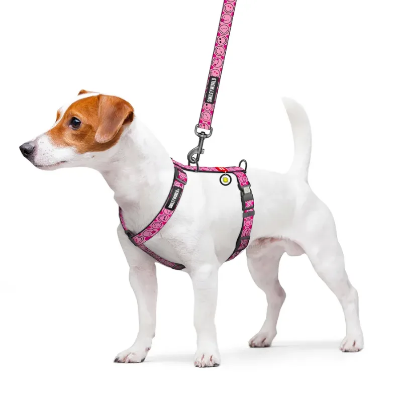 Шлея для собак анатомічна H-подібна «Смайли на рожевому», XL WAUDOG Nylon Anatomic Harness Smileys on Pink