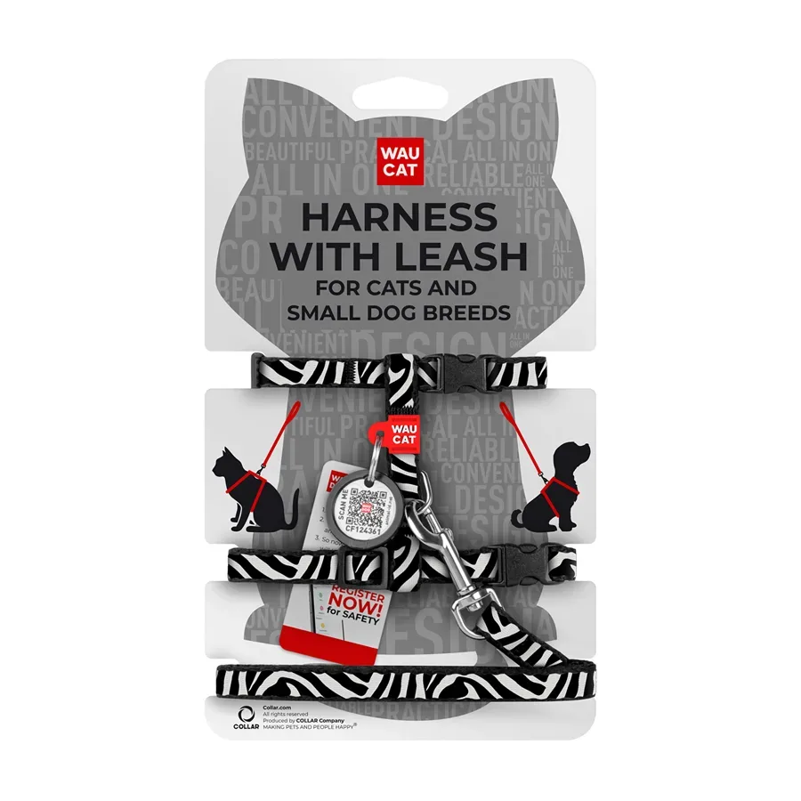 Шлея з повідцем для котів та дрібних порід собак «Зебра», XS WAUCAT Nylon Harness with Leash Zebra