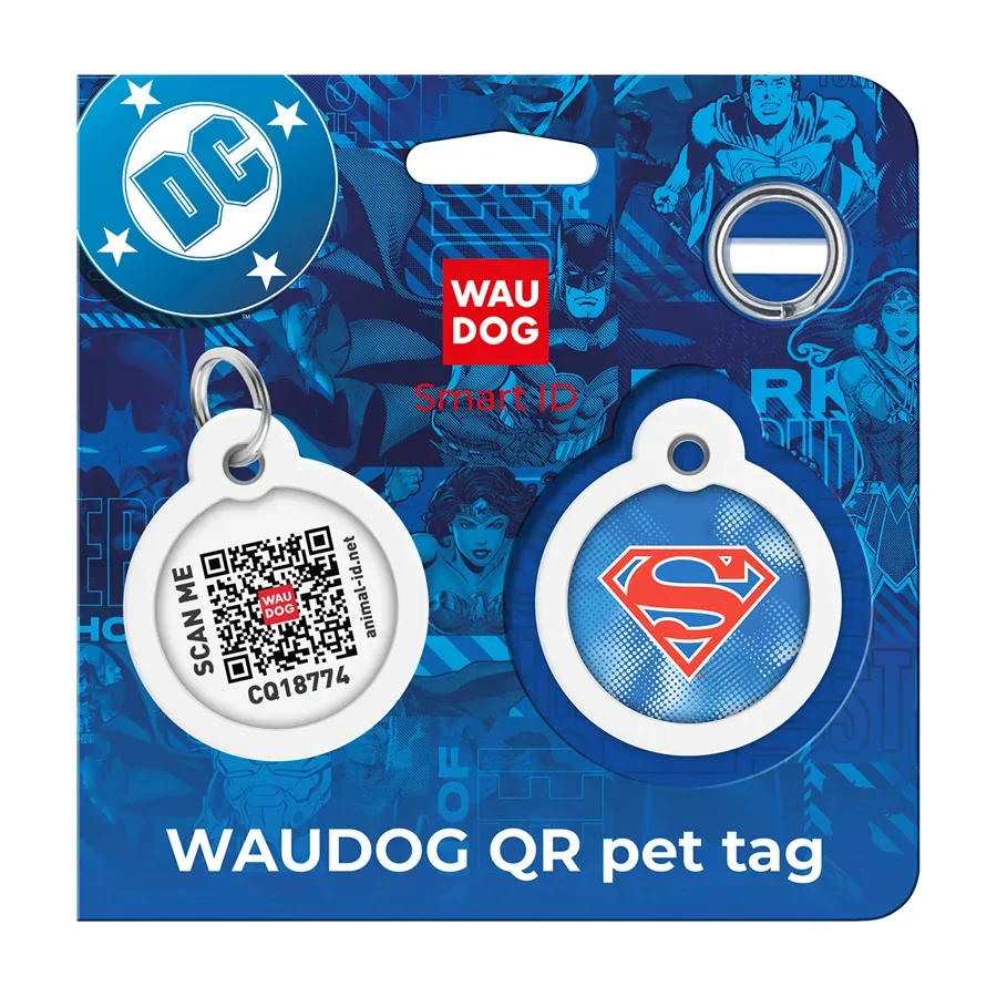 Адресник для собак и котов металлический, круг «Супермен ретро», L WAUDOG Smart ID Tag Superman Retro