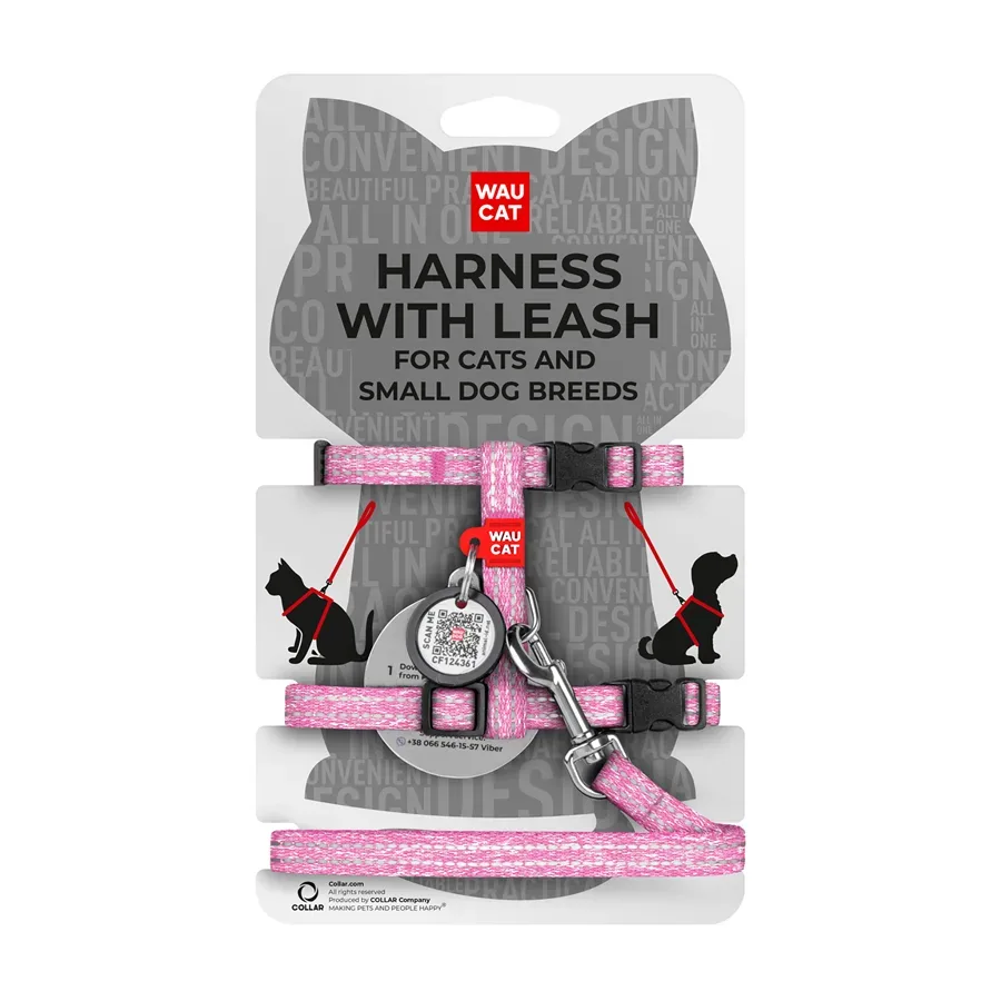 Шлея с поводком для котов, из восстановленного хлопка, XS, розовый WAUCAT Re-cotton Harness with Leash