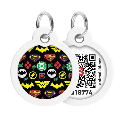 Адресник для собак і котів металевий, коло «Супергерої логоманія», L WAUDOG Smart ID Tag Superheroes Logomania