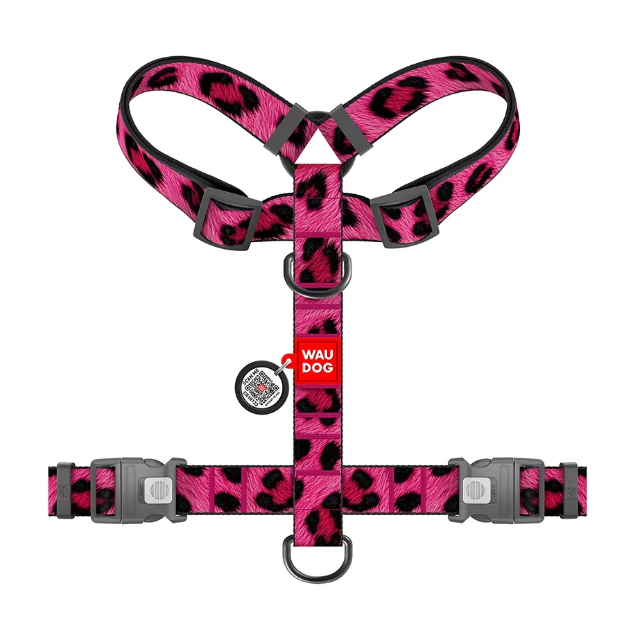 Шлея для собак анатомічна H-подібна «Леопард рожевий», XL WAUDOG Nylon Harness Pink Leopard