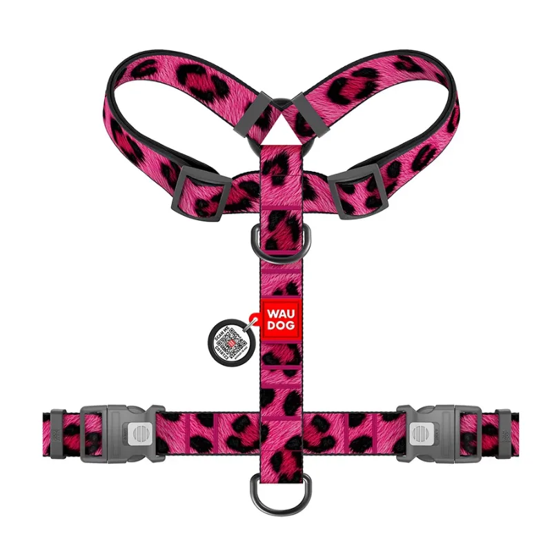 Шлея для собак анатомічна H-подібна «Леопард рожевий», XL WAUDOG Nylon Harness Pink Leopard