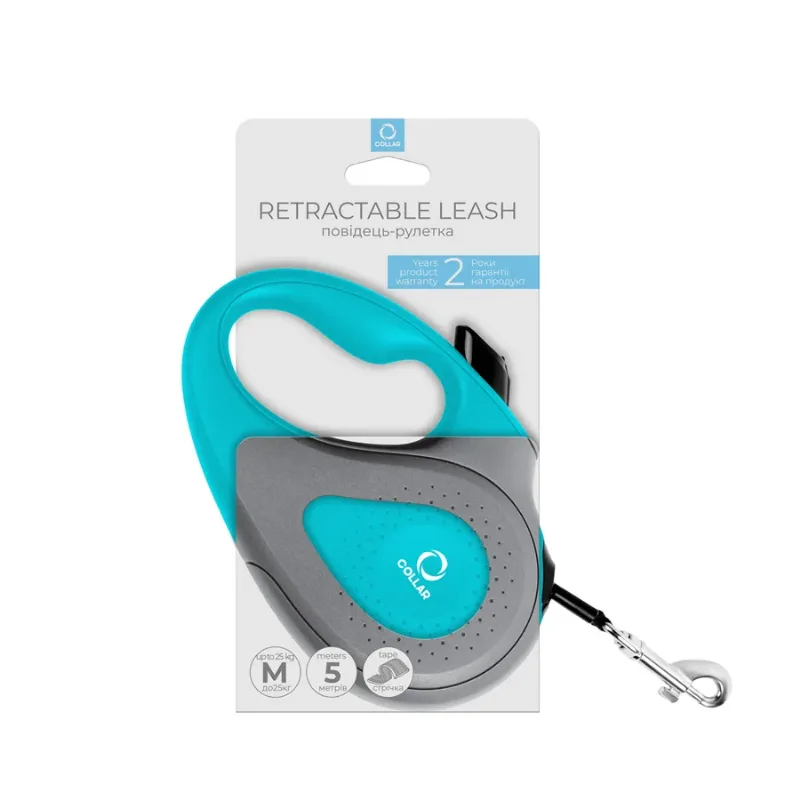 Поводок-рулетка для собак, 25 кг, 5 м, светоотражающая лента, M, голубой Collar Retractable Leash