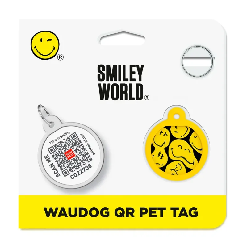 Адресник для собак і котів металевий, коло «Смайли на чорному», S WAUDOG Smart ID Tag Smileys on Black