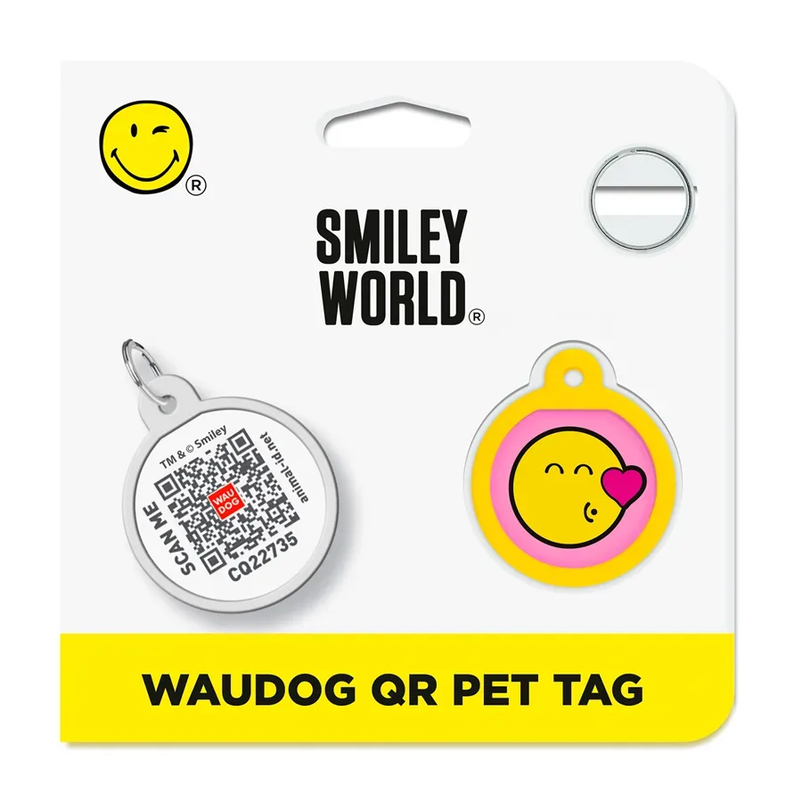 Адресник для собак і котів металевий, коло «Смайли на рожевому», S WAUDOG Smart ID Tag Smileys on Pink