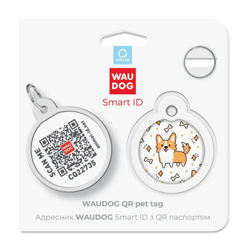 Адресник для собак и котов металлический, круг «Корги», L WAUDOG Smart ID Tag Corgi