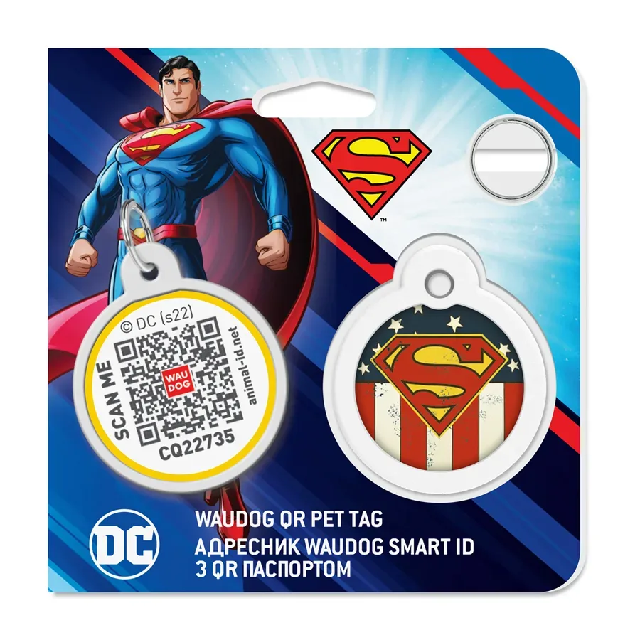 Адресник для собак і котів металевий, коло «Супермен Америка», L WAUDOG Smart ID Tag Superman America