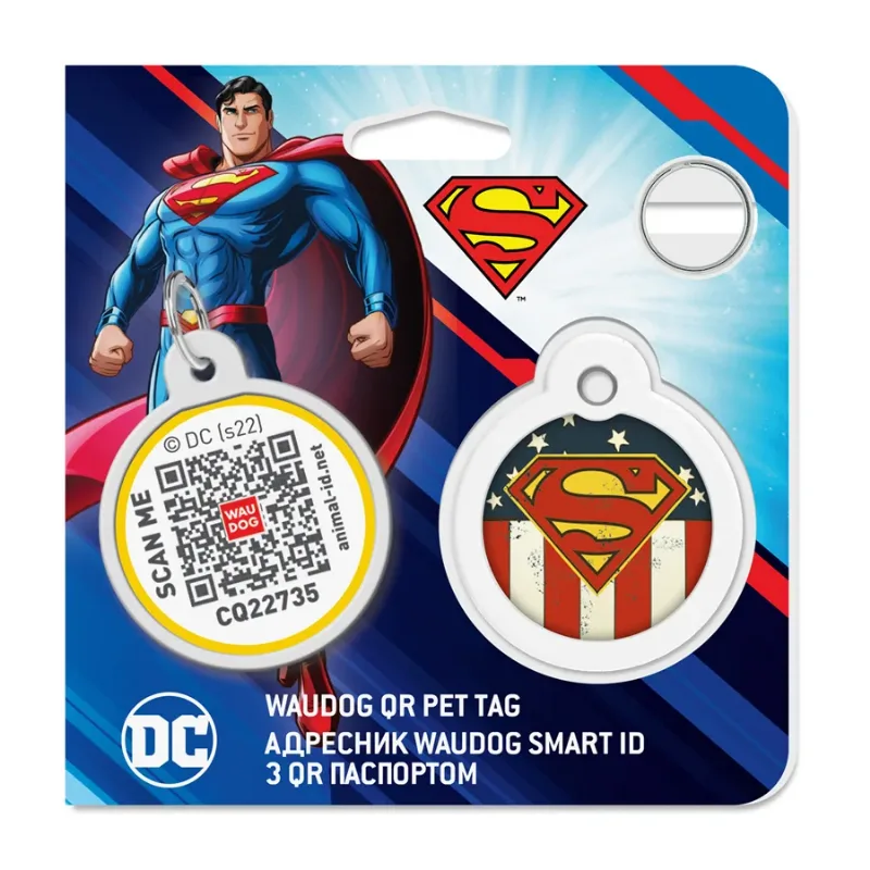 Адресник для собак і котів металевий, коло «Супермен Америка», L WAUDOG Smart ID Tag Superman America