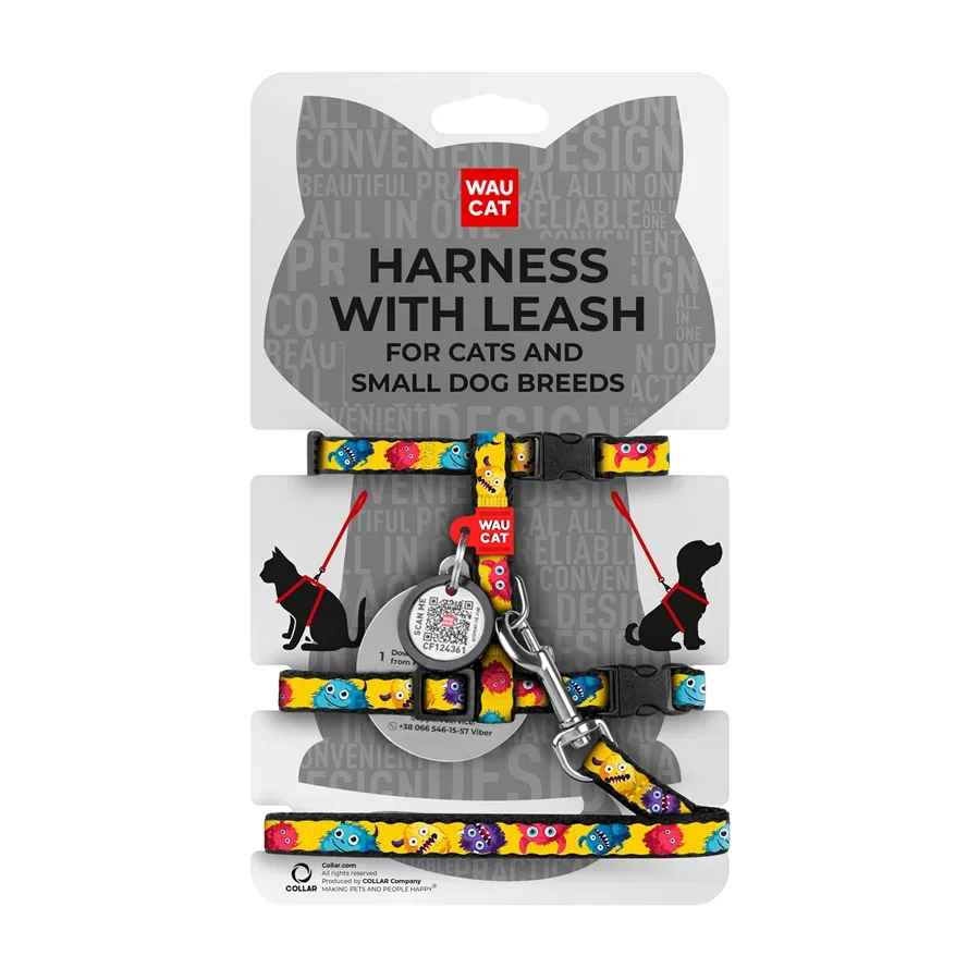 Шлея с поводком для котов и мелких пород собак «Мохнатые монстры», XS WAUCAT Nylon Harness with Leash Furry Monsters