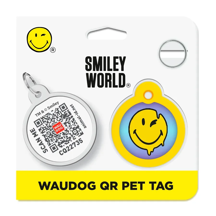 Адресник для собак і котів металевий, коло «Смайли на блакитному», L WAUDOG Smart ID Tag Smileys on Blue