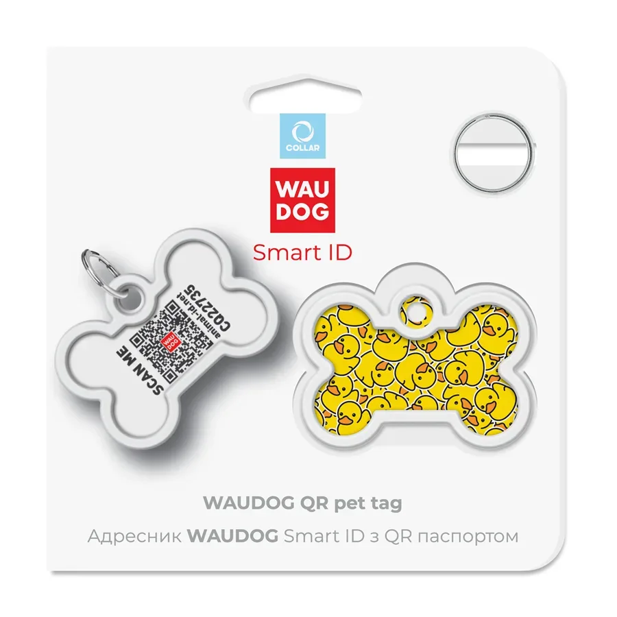 Адресник для собак і котів металевий, кістка «Качки», M WAUDOG Smart ID Tag Ducks