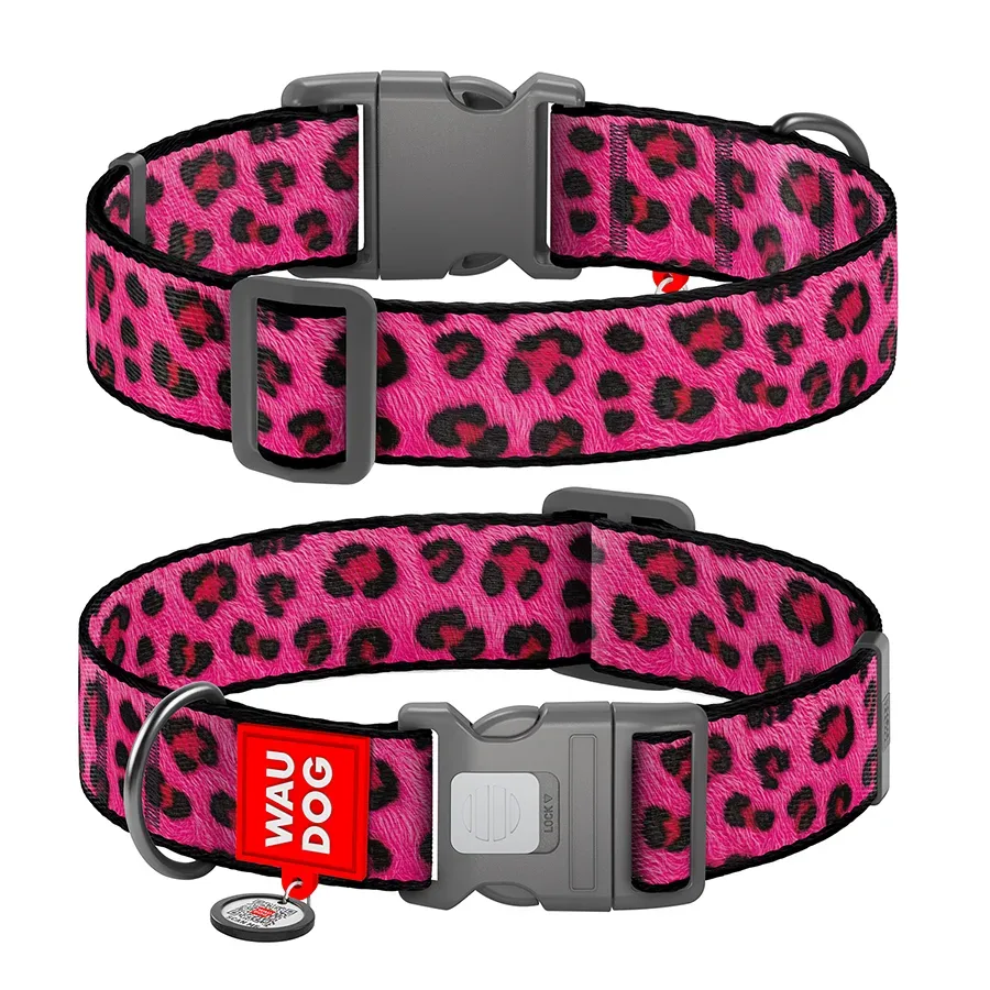 Ошейник для собак нейлоновый «Леопард розовый», XXL WAUDOG Nylon Collar Pink Leopard