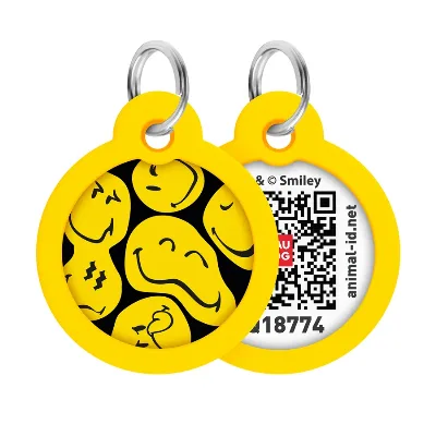 Адресник для собак і котів металевий, коло «Смайли на чорному», L WAUDOG Smart ID Tag Smileys on Black