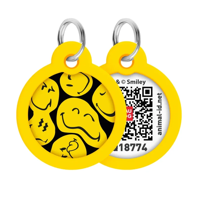 Адресник для собак і котів металевий, коло «Смайли на чорному», L WAUDOG Smart ID Tag Smileys on Black