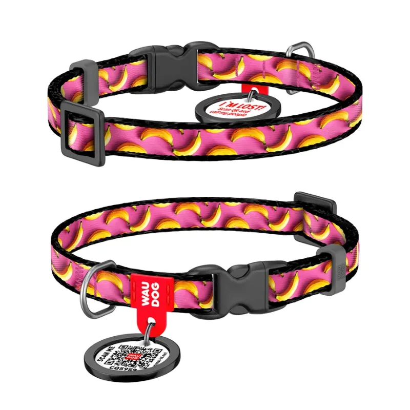 Ошейник для котов и мелких пород собак нейлоновый «Бананы на розовом», XS WAUDOG Nylon Collar Bananas on Pink