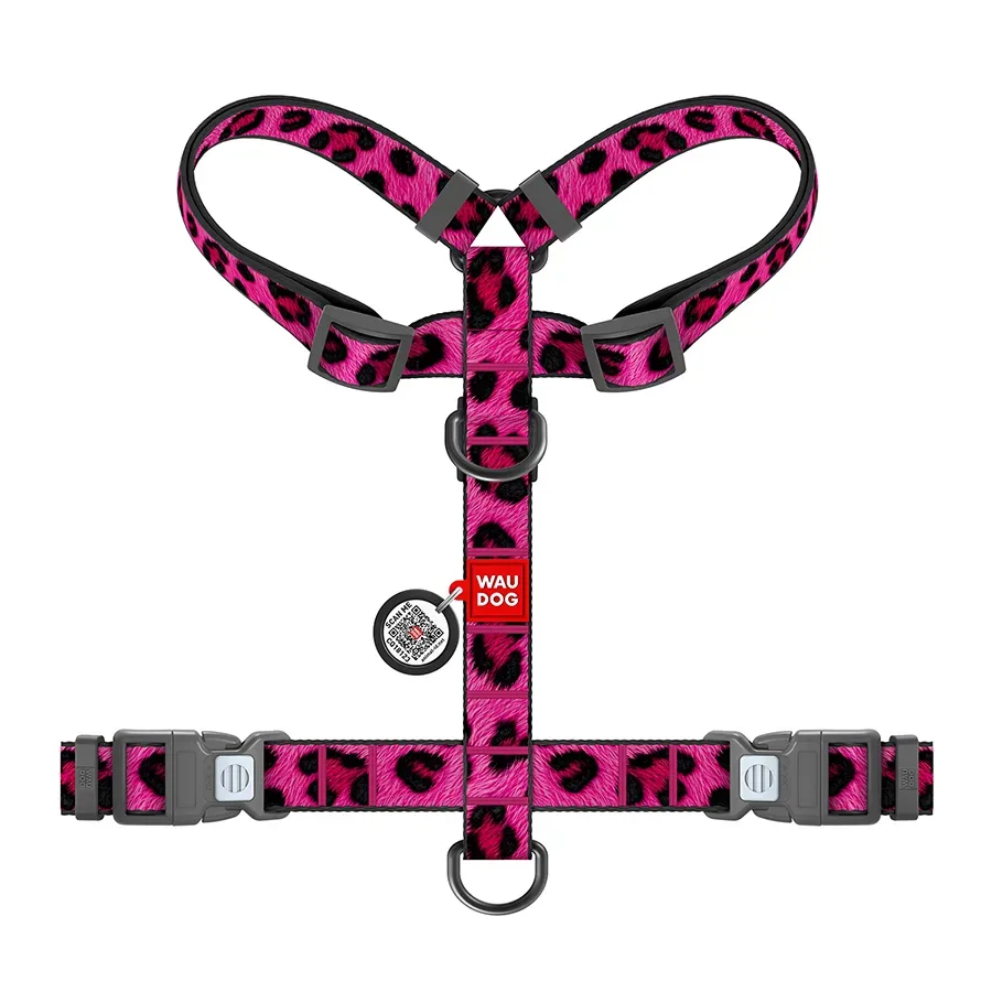 Шлея для собак анатомічна H-подібна «Леопард рожевий», M WAUDOG Nylon Harness Pink Leopard