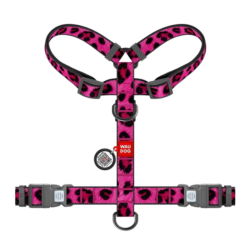 Шлея для собак анатомічна H-подібна «Леопард рожевий», M WAUDOG Nylon Harness Pink Leopard
