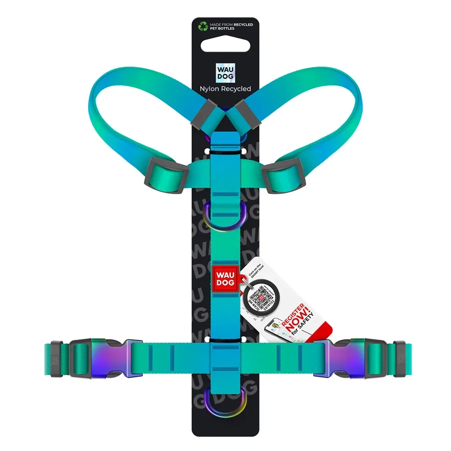 Шлея для собак анатомічна H-подібна, градієнт, L, блакитний WAUDOG Nylon Recycled Anatomic Harness