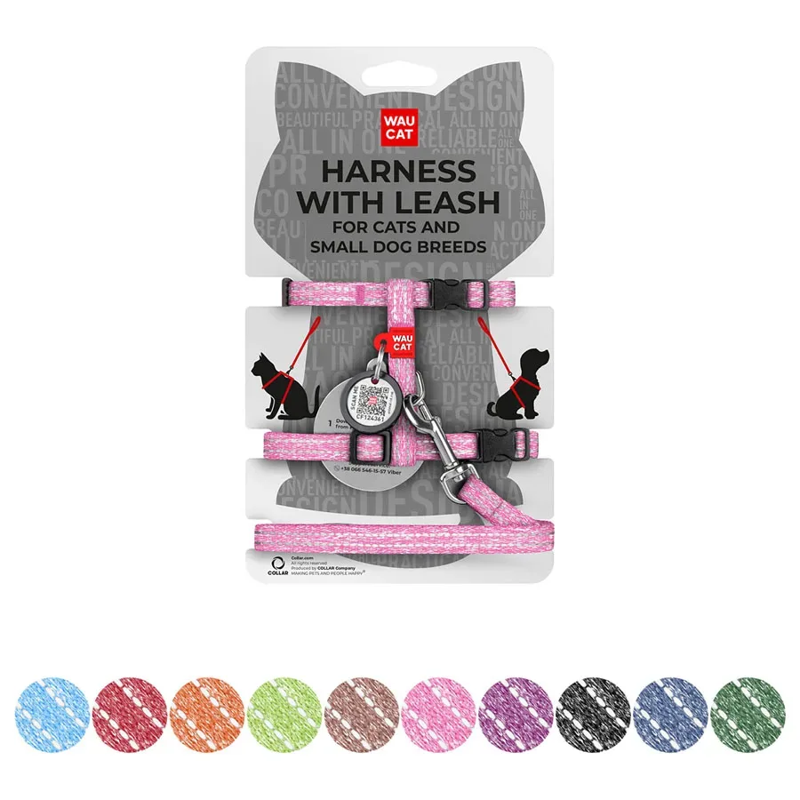 Шлея с поводком для котов, из восстановленного хлопка, XS, розовый WAUCAT Re-cotton Harness with Leash