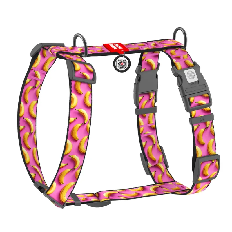 Шлея для собак анатомическая H-образная «Бананы на розовом», XL WAUDOG Nylon Anatomic Harness Bananas on Pink