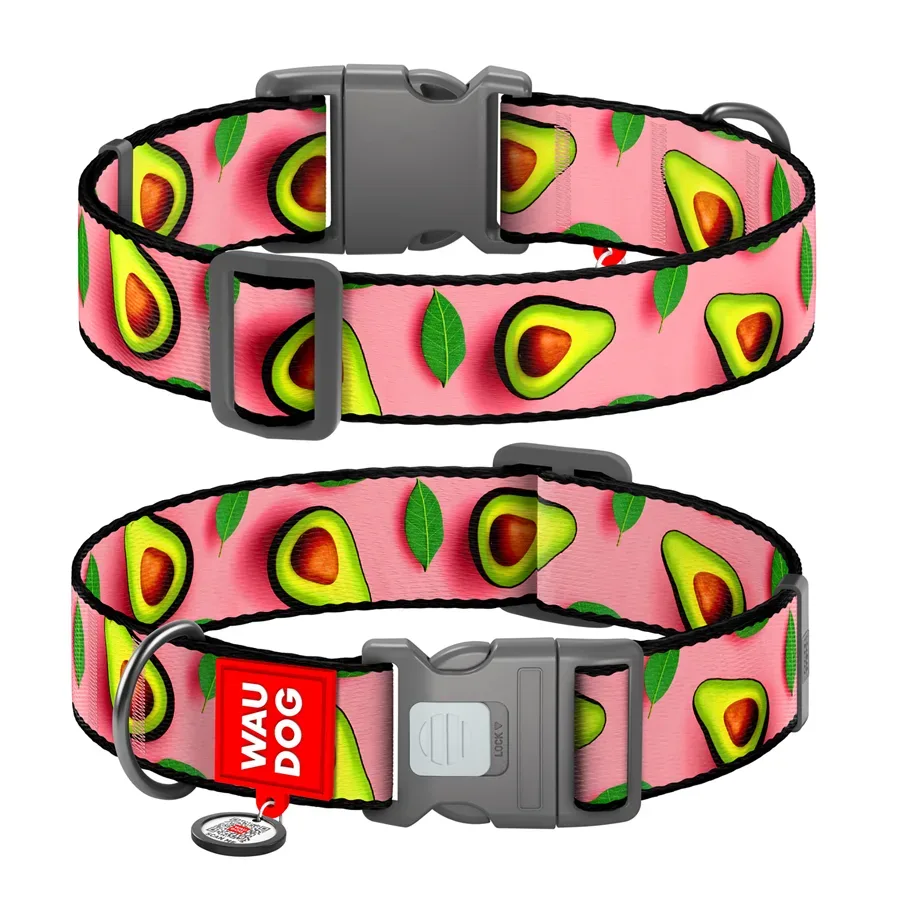 Ошейник для собак нейлоновый «Авокадо на розовом», XXL WAUDOG Nylon Collar Avocado on Pink