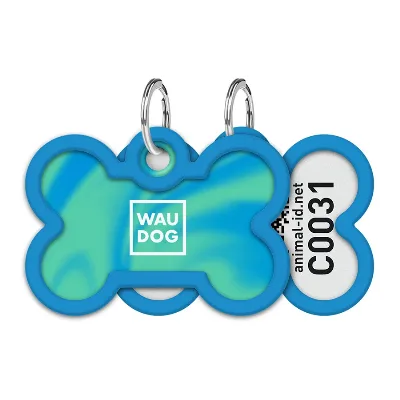 Адресник для собак і котів металевий, кістка «Градієнт блакитний», M WAUDOG Smart ID Tag Blue Gradient