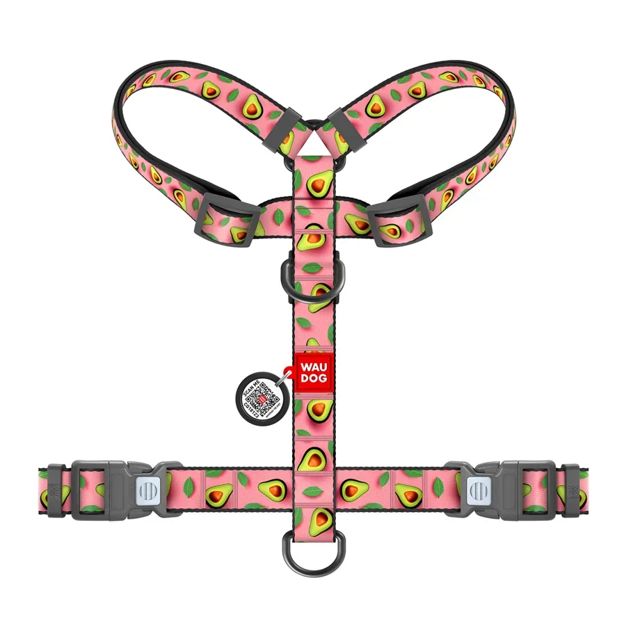 Шлея для собак анатомічна H-подібна «Авокадо на рожевому», M WAUDOG Nylon Anatomic Harness Avocado on Pink