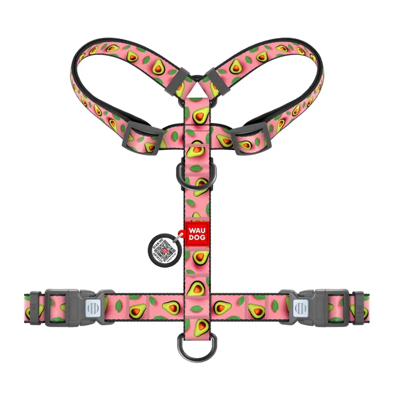 Шлея для собак анатомічна H-подібна «Авокадо на рожевому», M WAUDOG Nylon Anatomic Harness Avocado on Pink