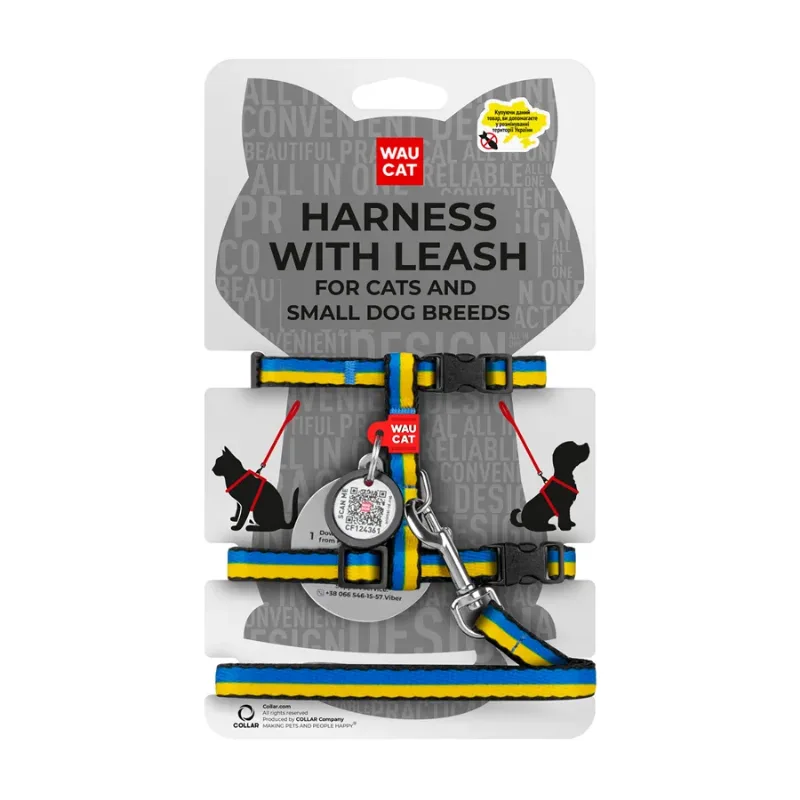 Шлея с поводком для котов «Colors of freedom», XS WAUCAT Nylon Harness with Leash Colors of Freedom