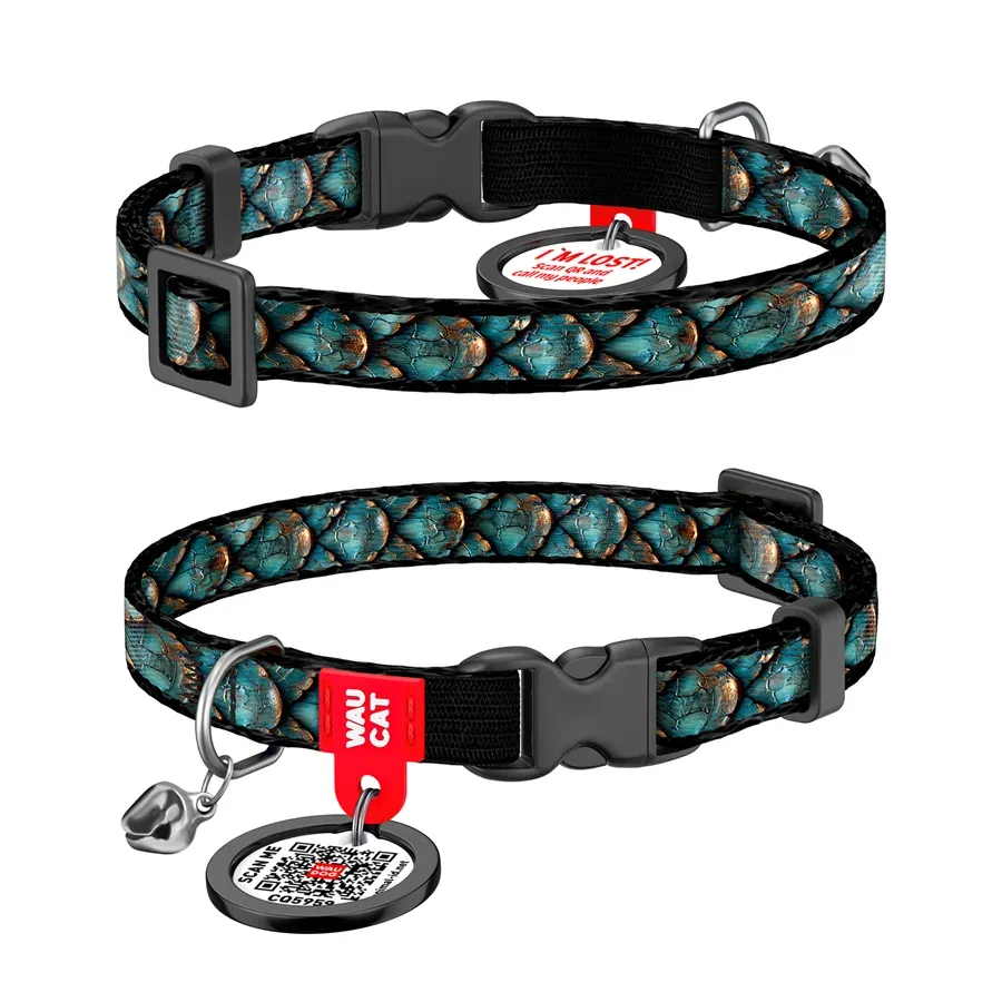 Ошейник для котов нейлоновый c QR адресником «Чешуя», XS WAUCAT Nylon Collar Scales
